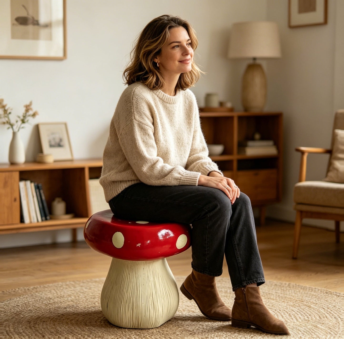 13.8" Oversized Mushroom Statue Stool with Forest Base