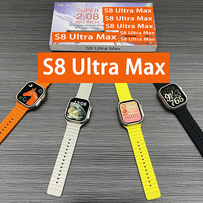 Watch 8 Ultra Smart Watch | Screw Buckle Silicone Band, 2.0" IPS Touch Screen, Wireless Charging – Black, White, Yellow & Orange
