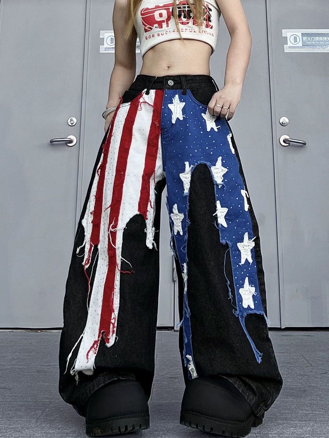 Womens American-style Washed Striped Heat-pressed Patch Jeans