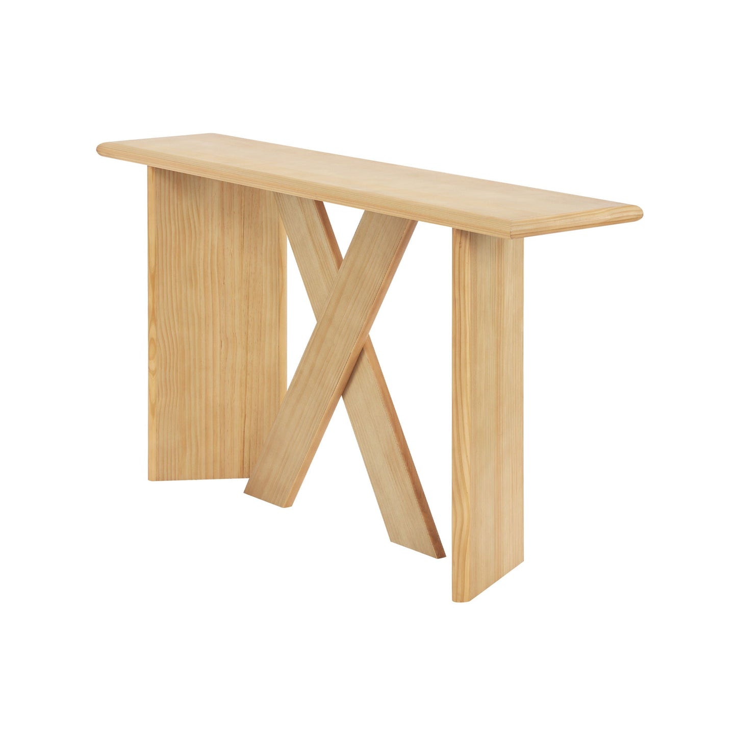 X-Frame Console Table, Angled Cross Leg Design, Rounded Edges - Natural