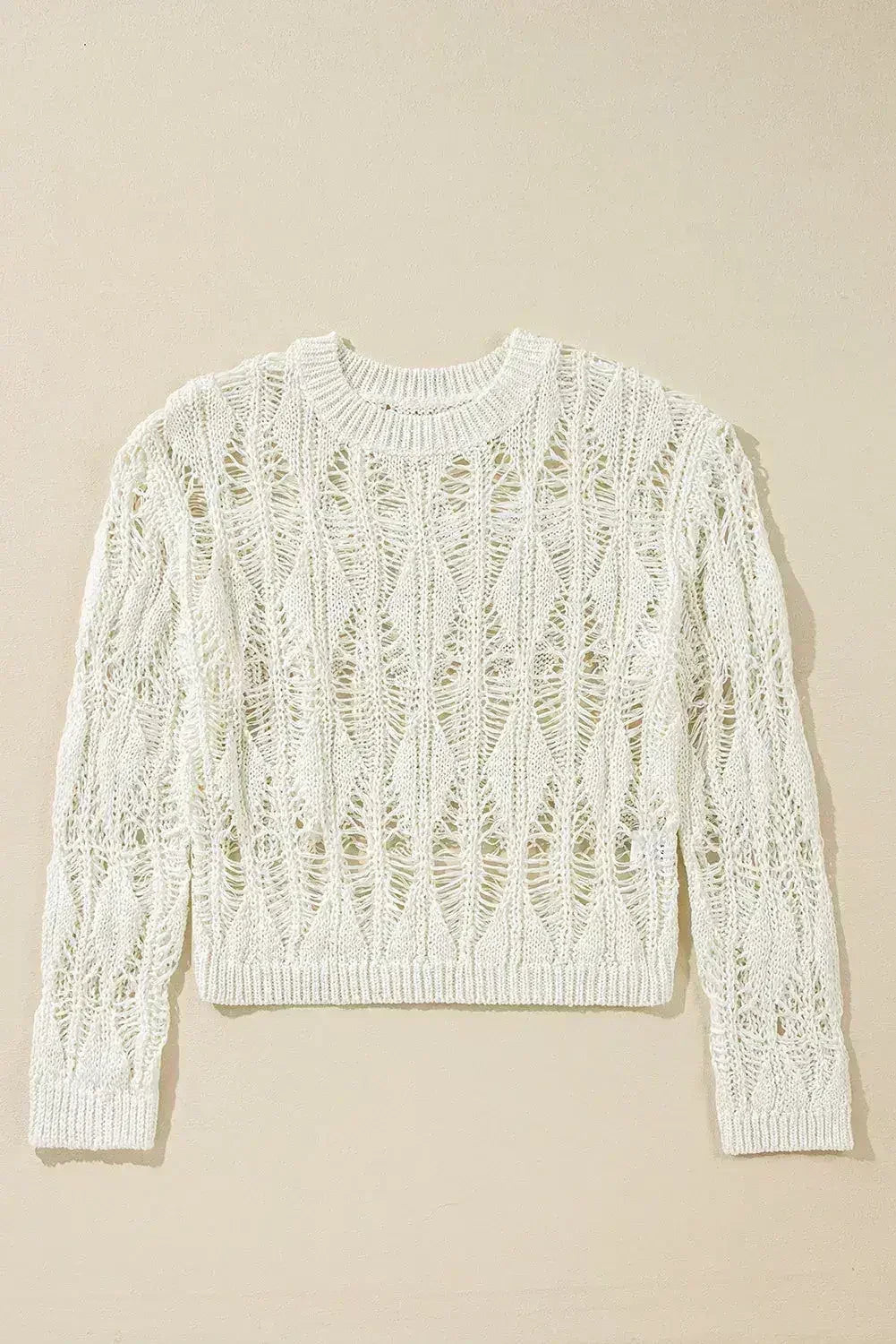 White Crochet Crew Neck Sweater - Loose Fit & High Elasticity | Femstylo