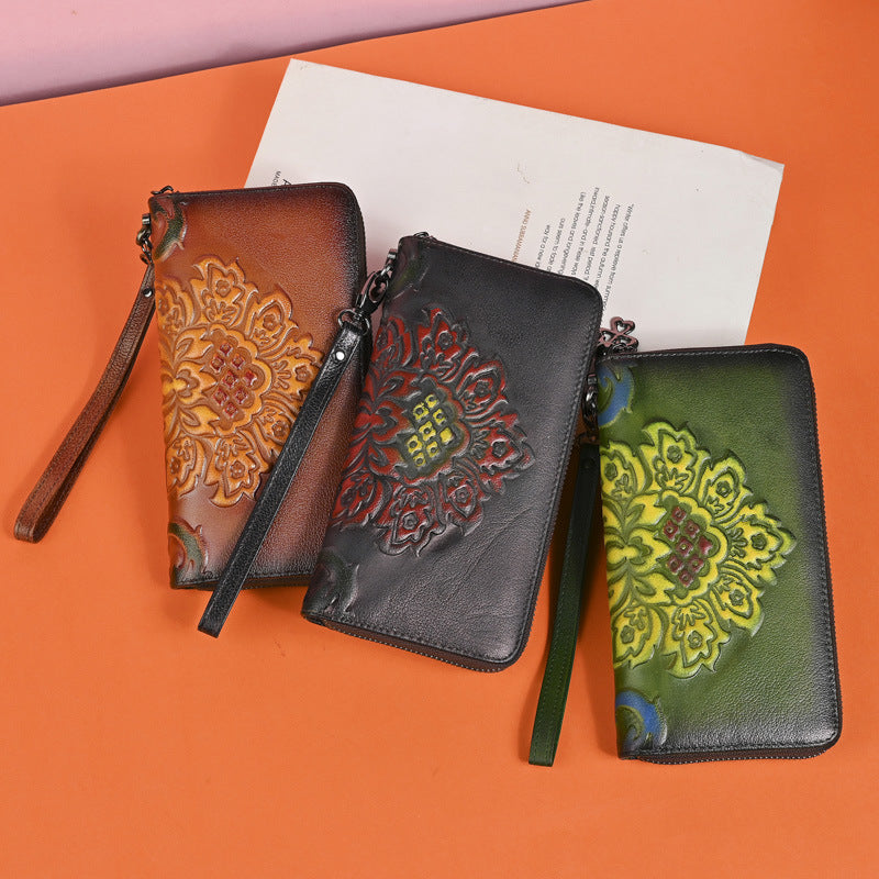 Genuine Leather Long Wallet Fashionable Zipper Clutch Bag Printed Hand-Painted Handbag