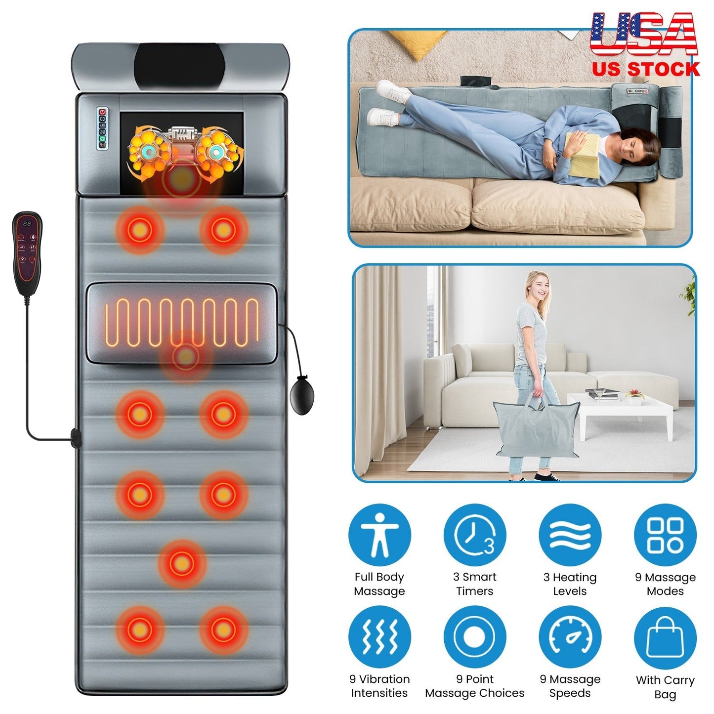 Full Body Electric Massage Mat with Heat Vibration Massage Pad Cushion Back Massage Mattress Chair Pad with Neck Massager Lumbar Pillow with 10 Vibrat