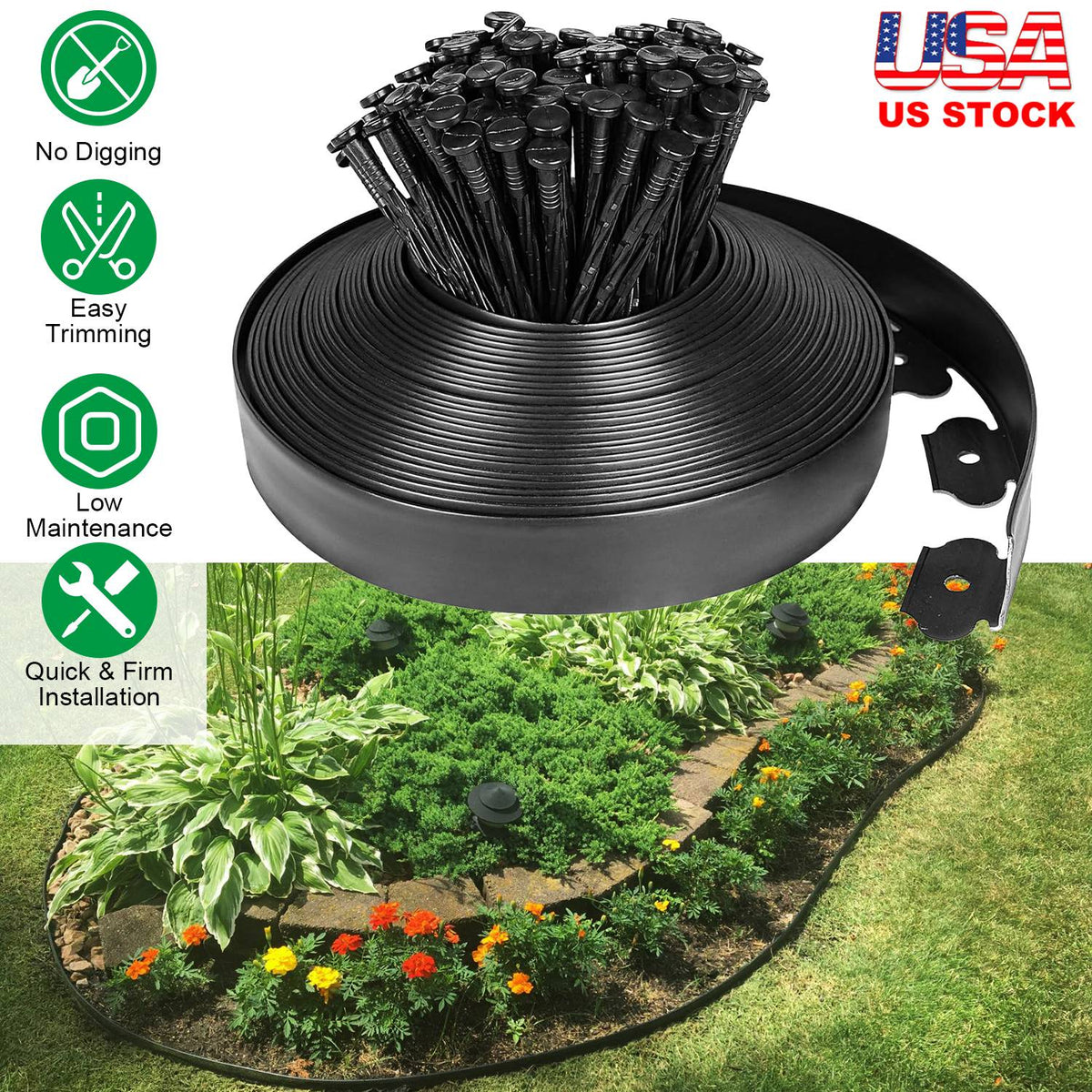 100FT Non-Digging Plastic Garden Edging Kit Plastic Garden Border with 90 Spikes 2In Tall Border Edging for Garden Lawn Yard Flower Beds