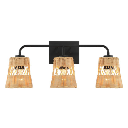Moonlit - 3 Lights Wall Sconce With Shade, Bathroom Lighting Fixtures Over Mirror - Black / Rattan