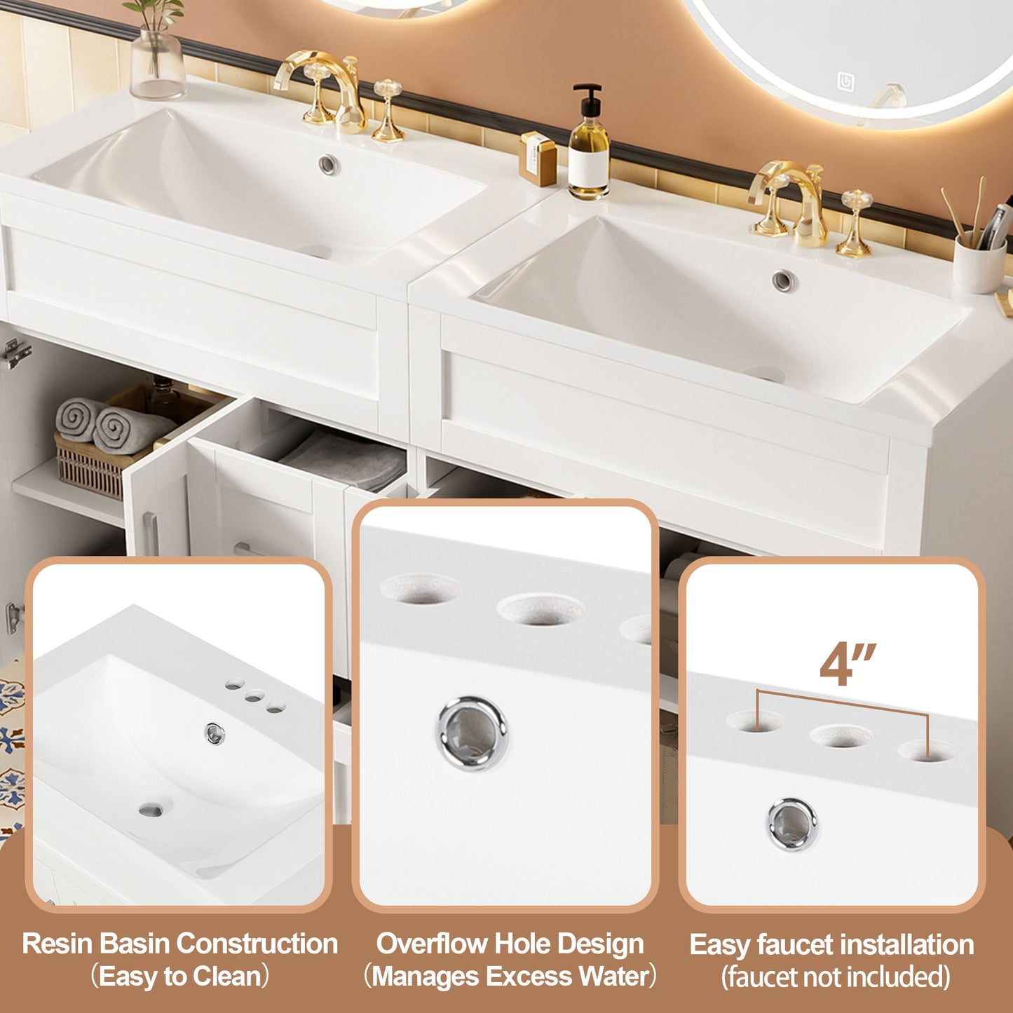 Bathroom Vanity With 2 Doors, 2 Drawers, Adjustable Shelf, Hidden Slides & Soft Close Hinges