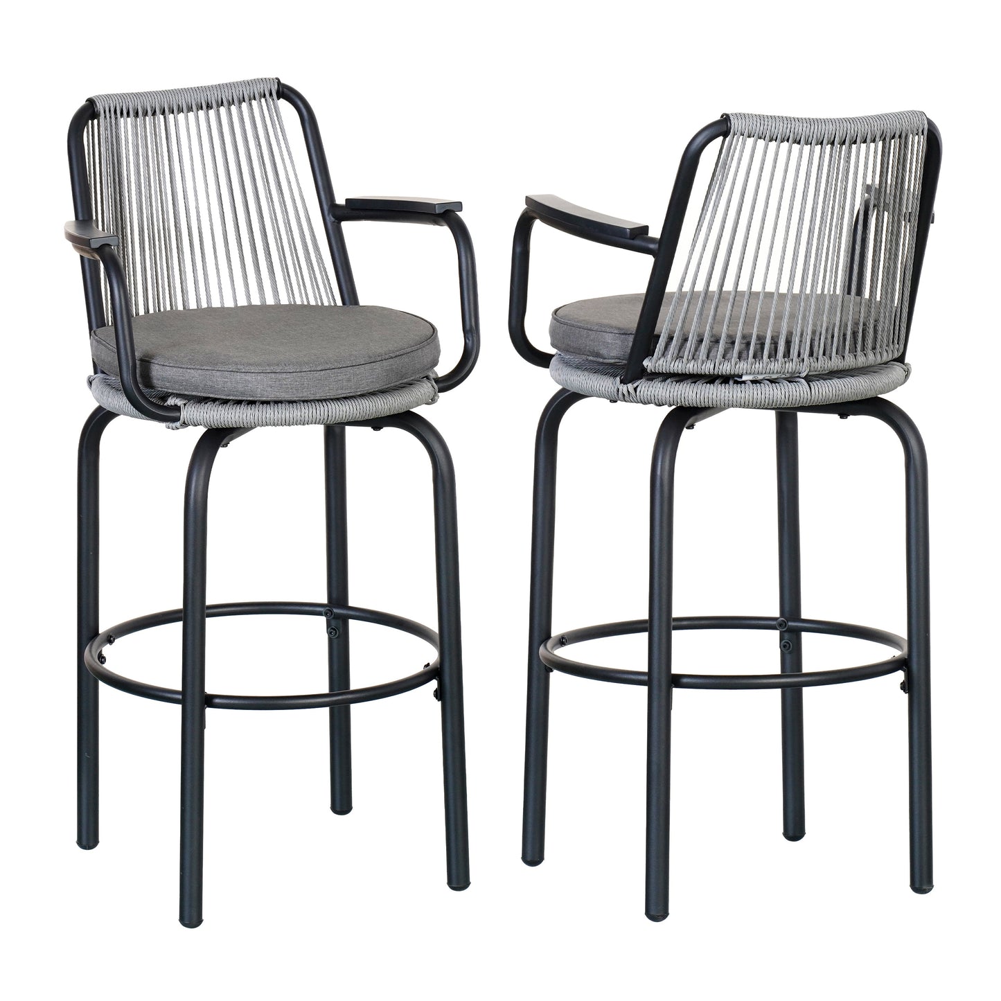 Outdoor Patio Bar Stools 29"H Set of 2, Modern Woven Rattan Rope Bar Height Chair