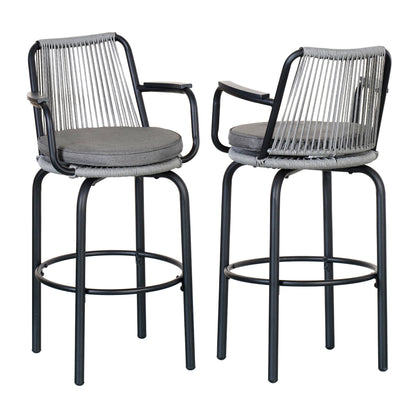 Outdoor Patio Bar Stools 29"H Set of 2, Modern Woven Rattan Rope Bar Height Chair