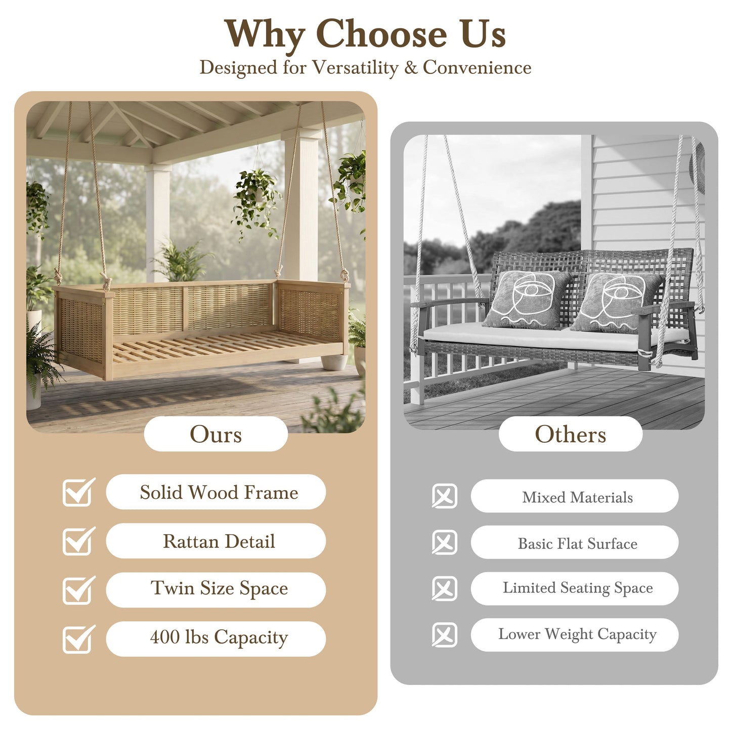 TOPMAX Outdoor Classic Solid Wood Twin Size Swing Bed