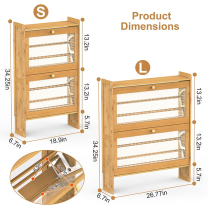 2-Tier Shoe CabinetÊwith 2 Flip Drawers Slim Bamboo Shoe Rack Freestanding Narrow Shoe Organizer with 44lbs Max Load for Entryway Hallway