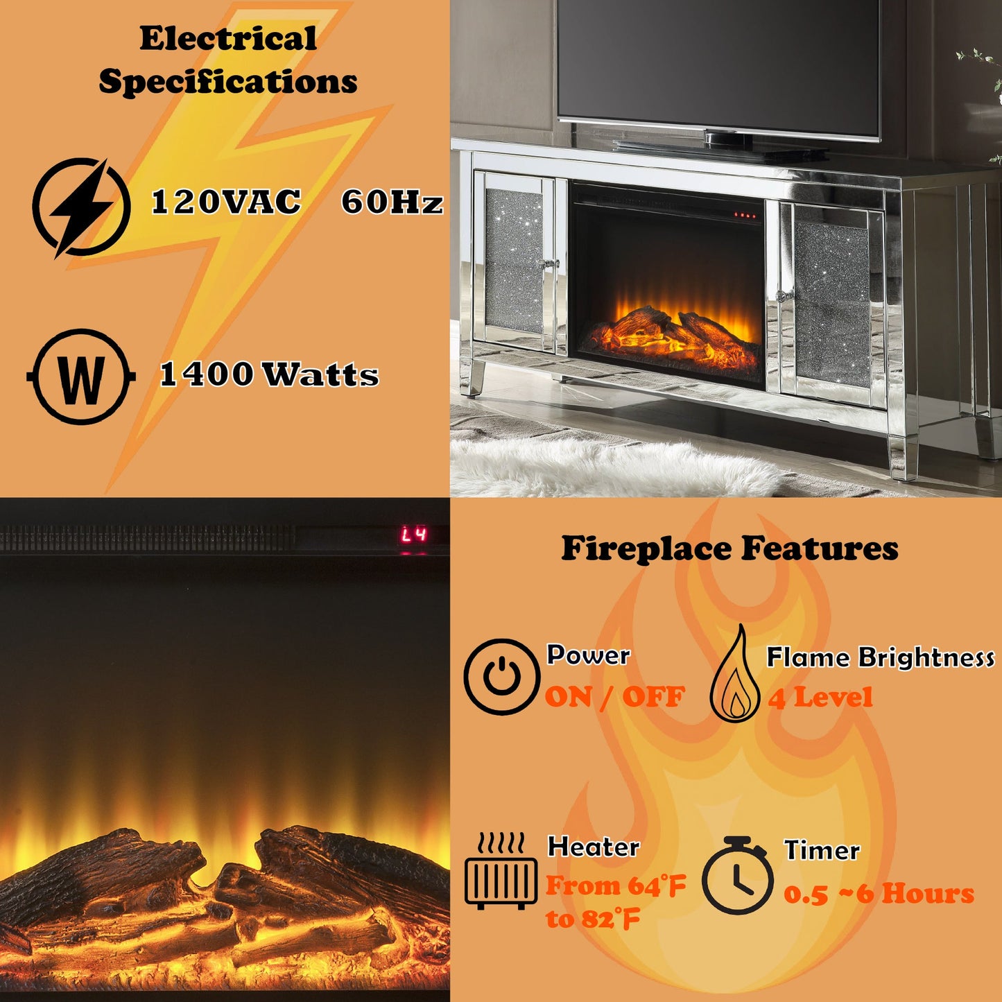Noralie TV Stand with LED Electric Fireplace