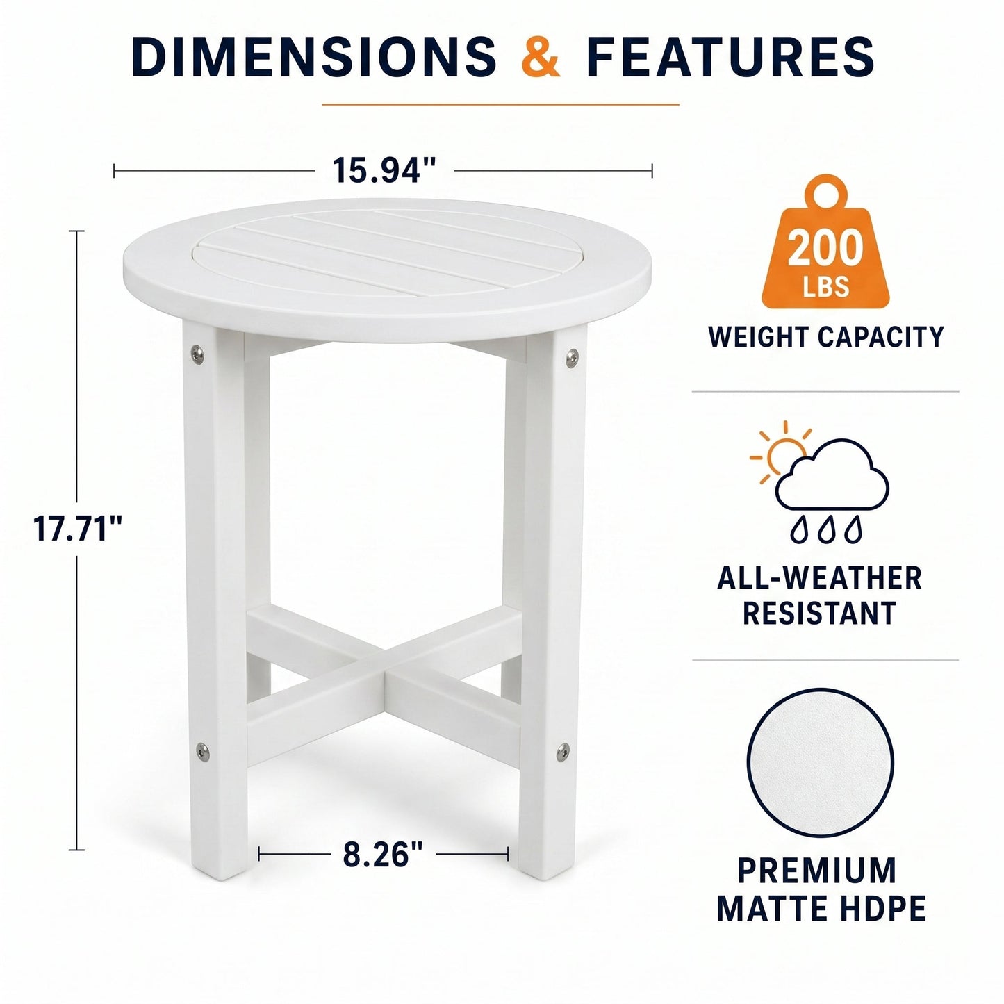 White HDPE Outdoor Side Table, 16 in. Round All-Weather Patio End Table
