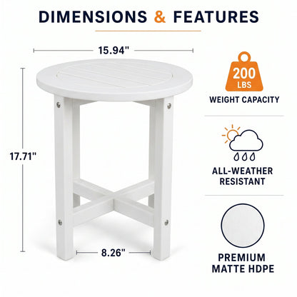 White HDPE Outdoor Side Table, 16 in. Round All-Weather Patio End Table