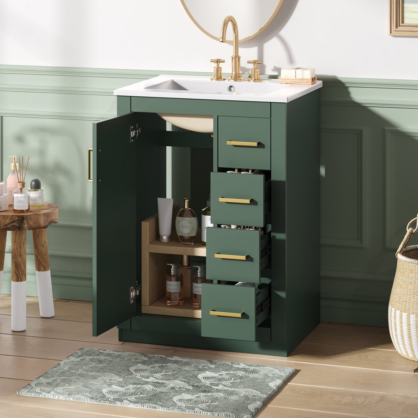 24" Bathroom Vanity with Integrated Ceramic Sink and Storage