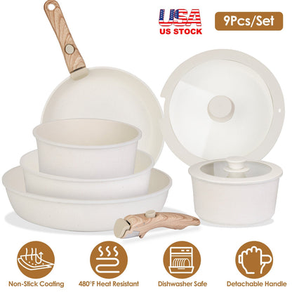 9Pcs Nonstick Cookware Set Kitchen Pots and Pans Set With Detachable Handles Tempered Glass Lids Dishwasher Oven Safe Aluminum Alloy Kitchen Cookware