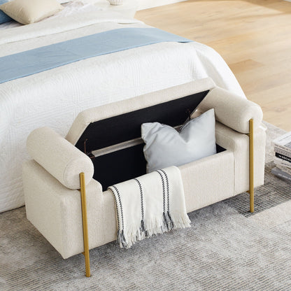 Elegant Upholstered Storage Bench With Cylindrical Arms And Iron Legs,