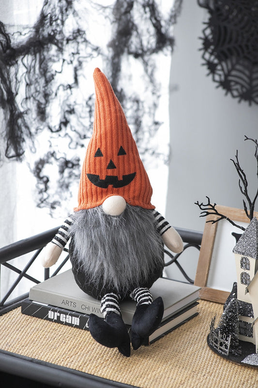 23.5" Seated Jack-O'-Lantern Gnome With Striped Limbs and Faux Fur Beard