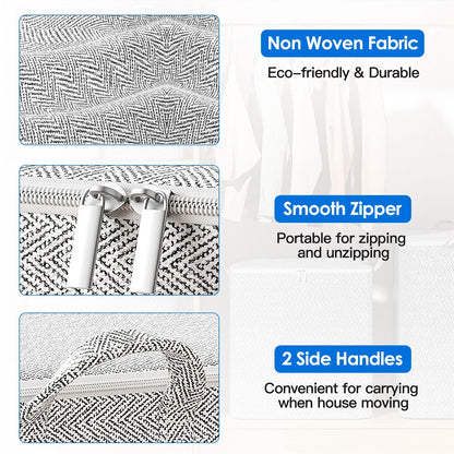4 Pack Foldable Non Woven Storage Bags Closet Organizers Wardrobe Sorting Baskets with 2 Handles Dustproof Lid Zipper for Clothes Quilt 30L 110L 150L