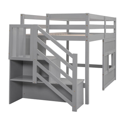 Loft Bed With Storage Staircase, Window & LED Light