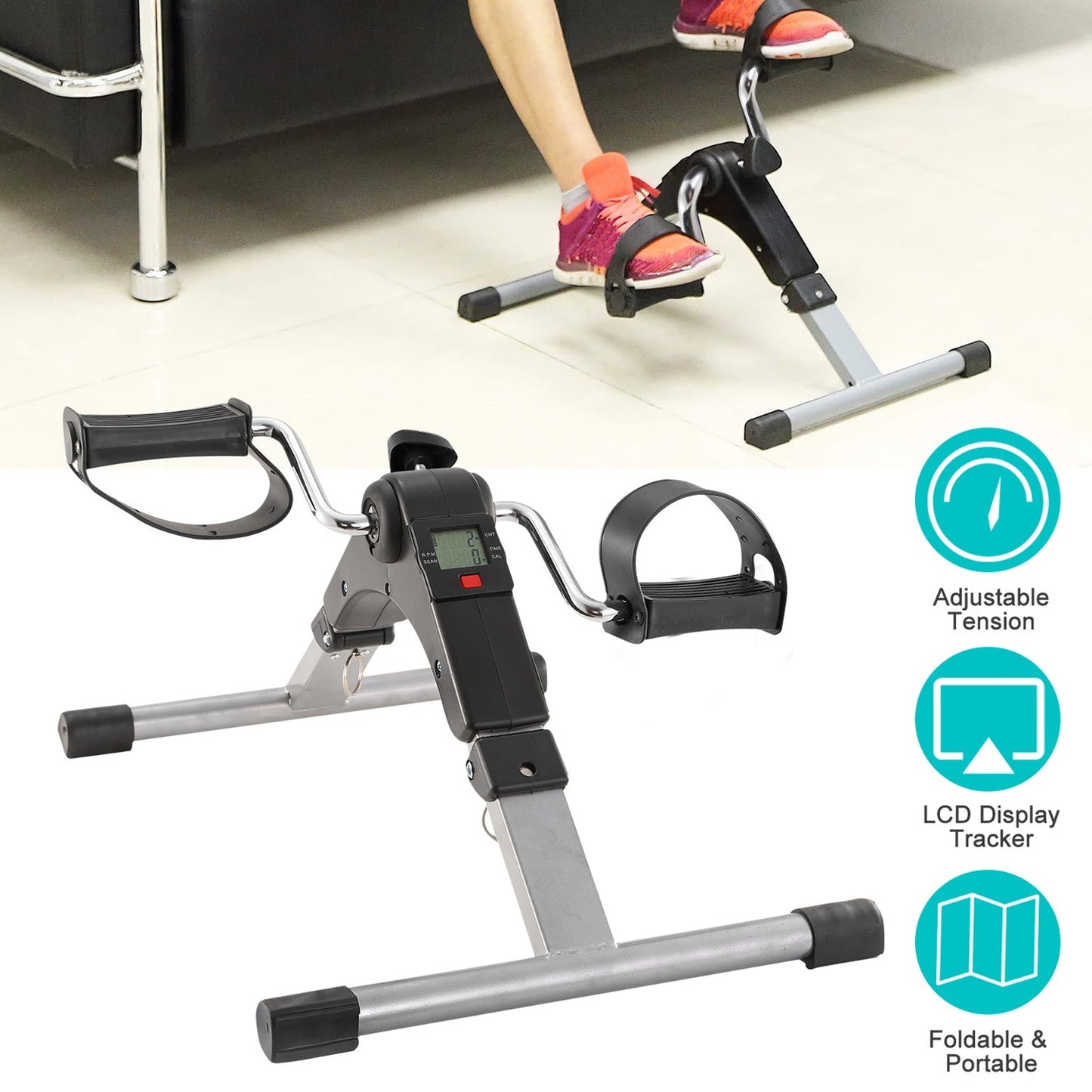 Foldable Exercise Bike Pedal Fitness Exerciser Cycle Bike w/ LCD Display Mini Pedal Exerciser for Leg Arm Physical Therapy Home Office Gym