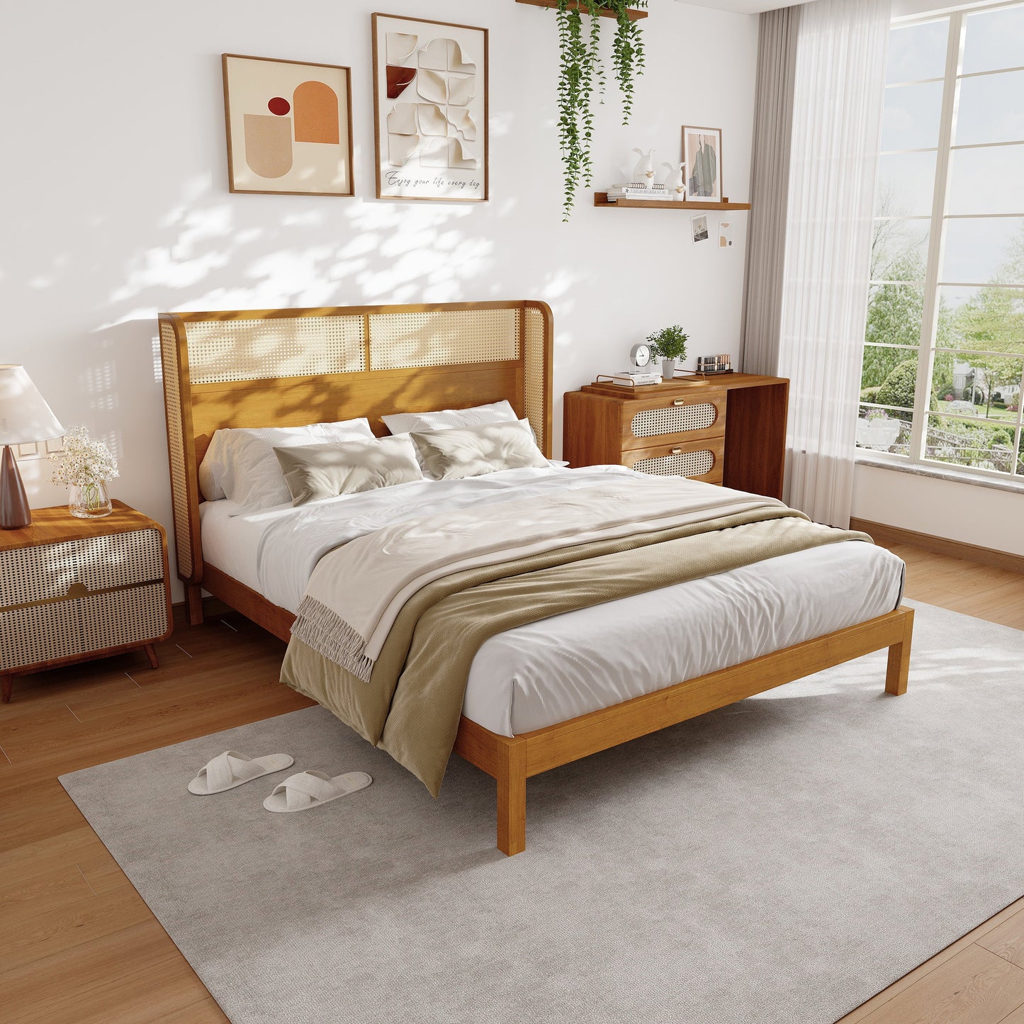 Premium Rubber Wood Platform Queen Bed Frame with Headboard