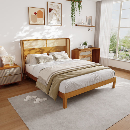 Premium Rubber Wood Platform Queen Bed Frame with Headboard