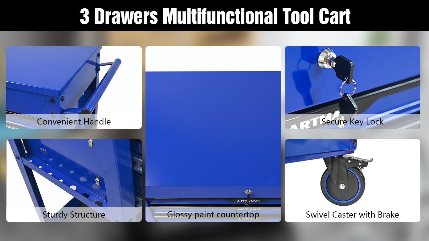 3 Drawers Multifunctional Tool Cart with Wheels and Steel Top - Blue & Black