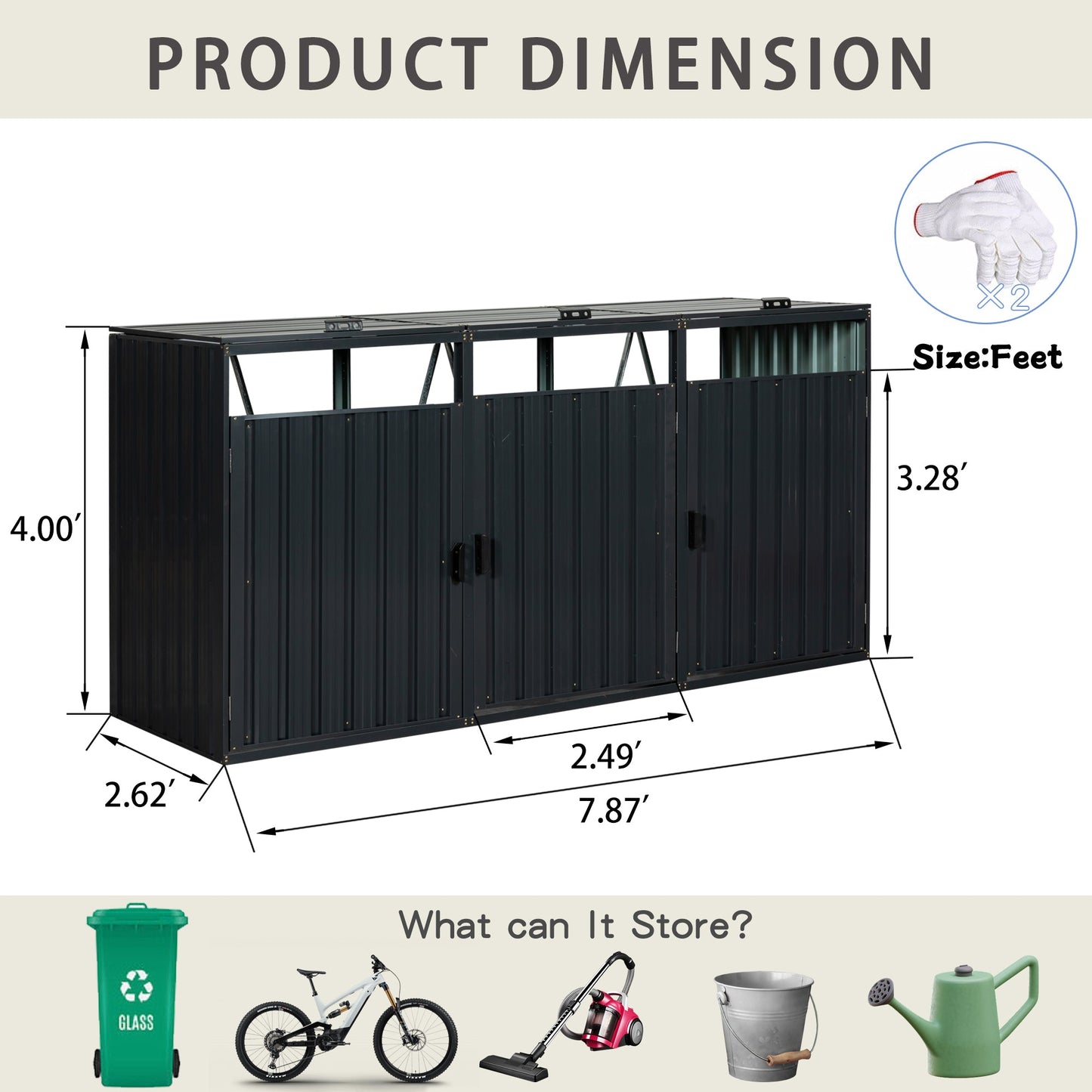 94-Inch Heavy-Duty Outdoor Galvanized Stainless Steel Garbage Bin Shed For 3 Trash Cans (SAK89882)