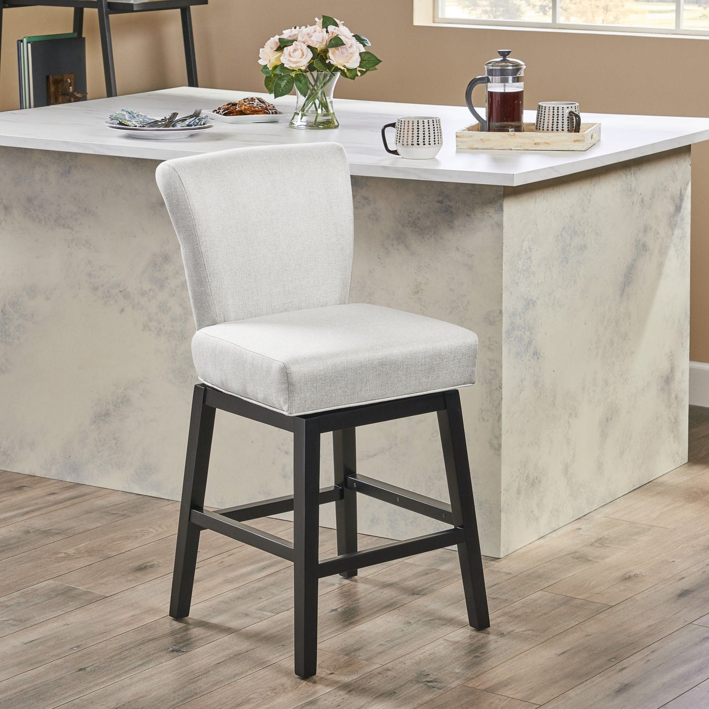 Quicksilvered Upholstered Swivel Counter Stool With Wood Legs - Beige
