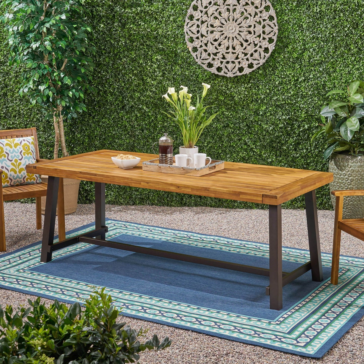 Equilibrium Outdoor Dining Table with Wooden Frame and Slat Top