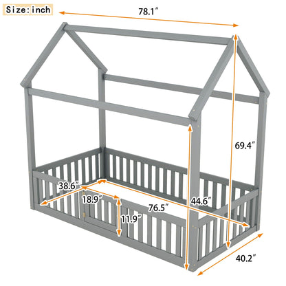 Wood House Bed With Fence And Door