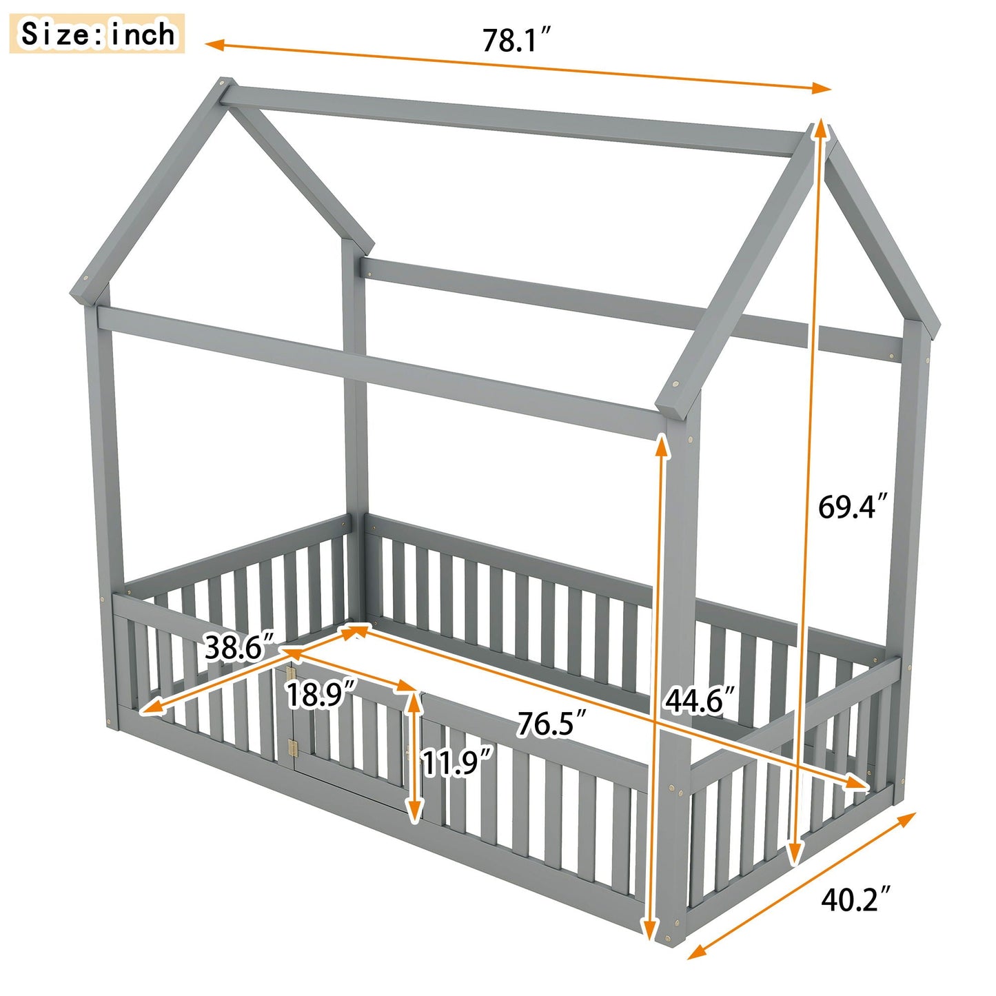 Wood House Bed With Fence And Door