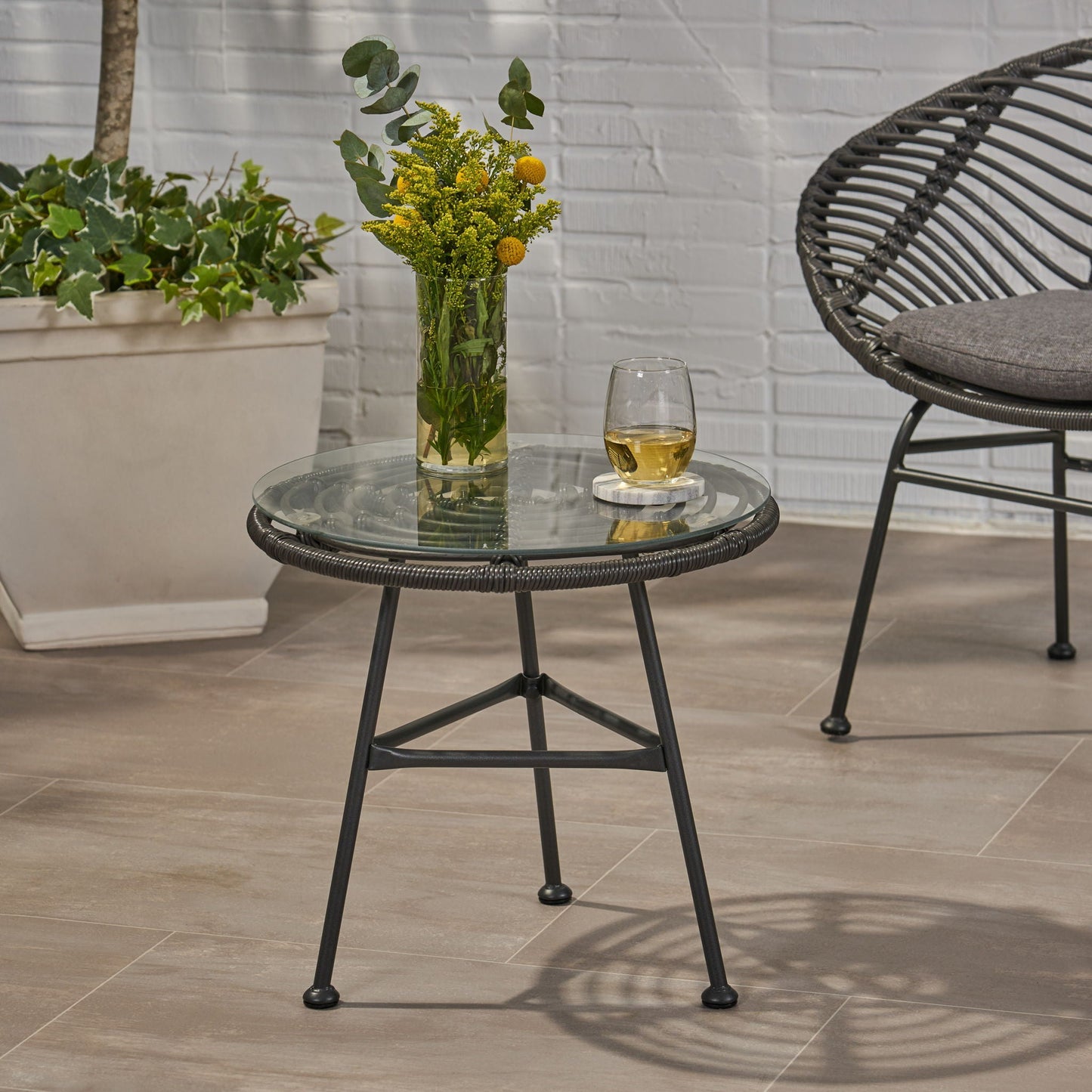 Petrichor Outdoor Side Table with Tempered Glass and Steel Frame
