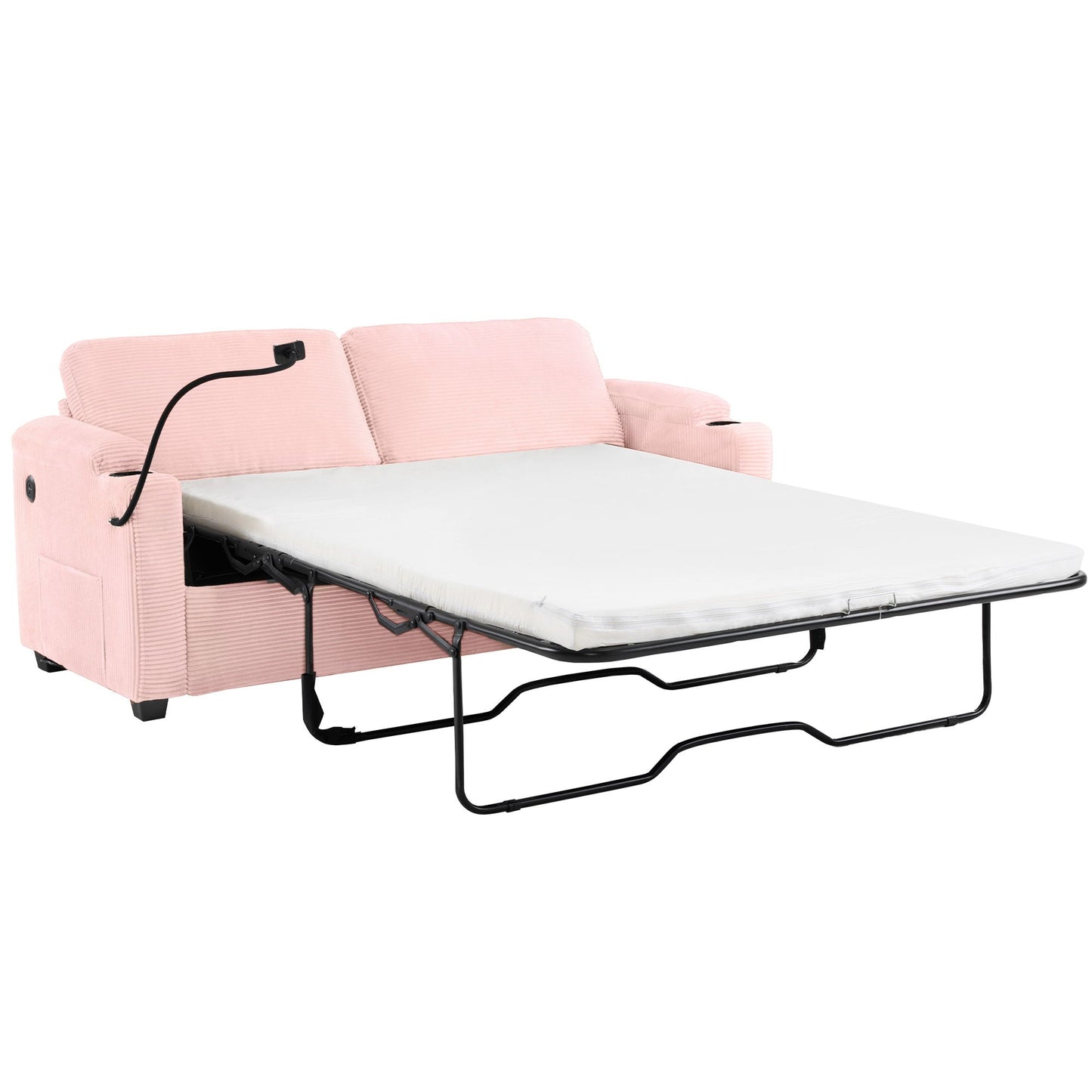 Sleeper Sofa Loveseat Sofa With Full Size Mattress, 2 USB Ports, 2 Cup Holders, 2 Side Pockets And Phone Holder