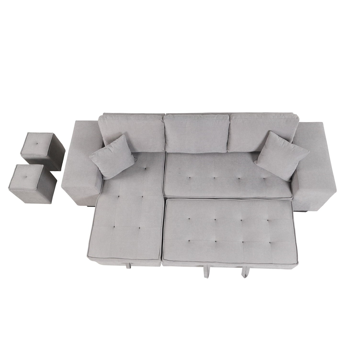 Modern L-Shape 3 Seat Reversible Sectional Couch, Pull Out Sleeper Sofa With Storage Chaise And 2 Stools For Living Room Furniture Set
