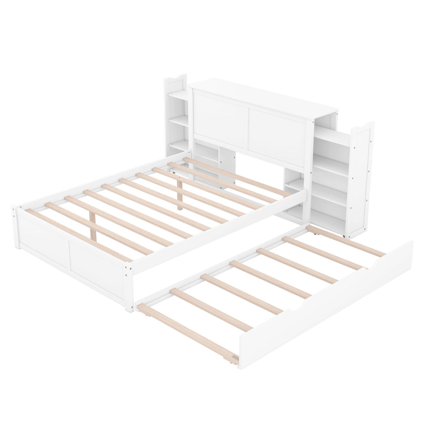 Storage Platform Bed With Pull Out Shelves And Trundle