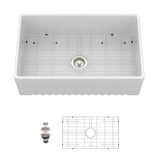 Apron-Front Reversible Single Bowl Kitchen Sink With Accessories - White