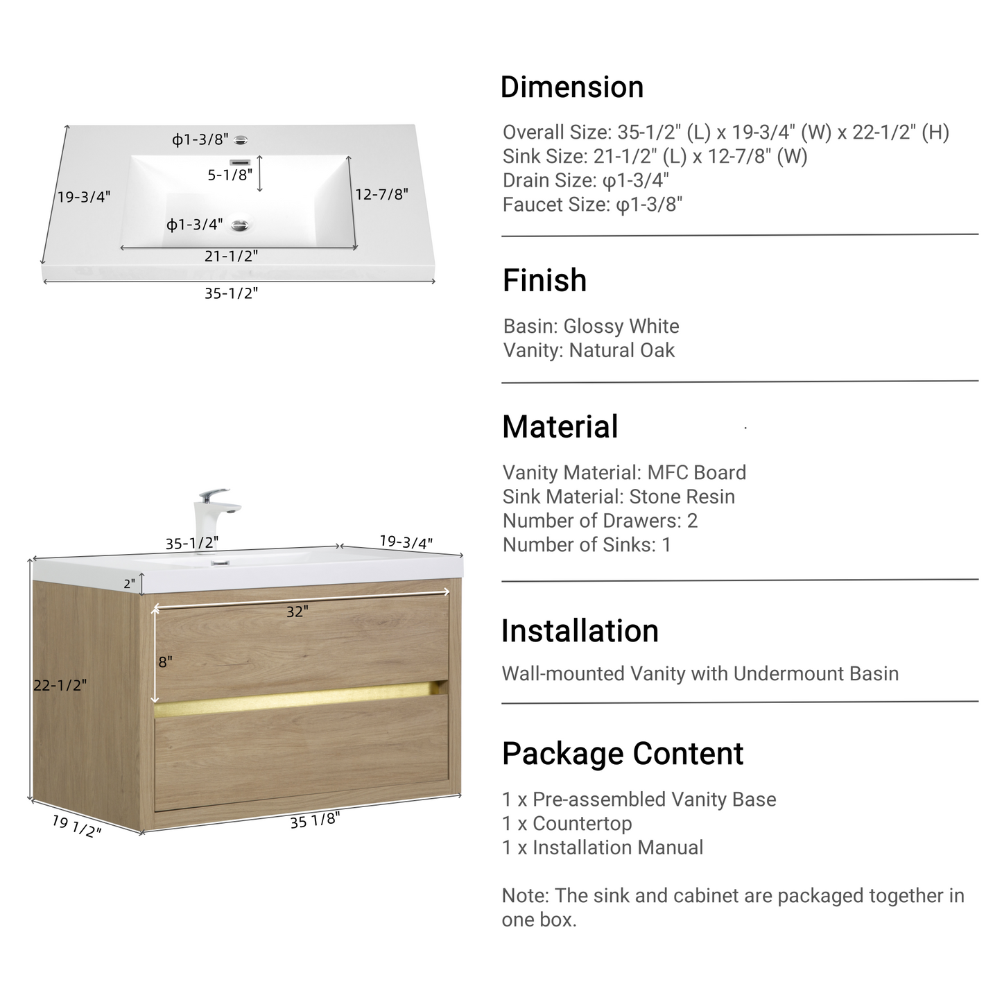 36" Wall-Mounted Bathroom Vanity with Sink