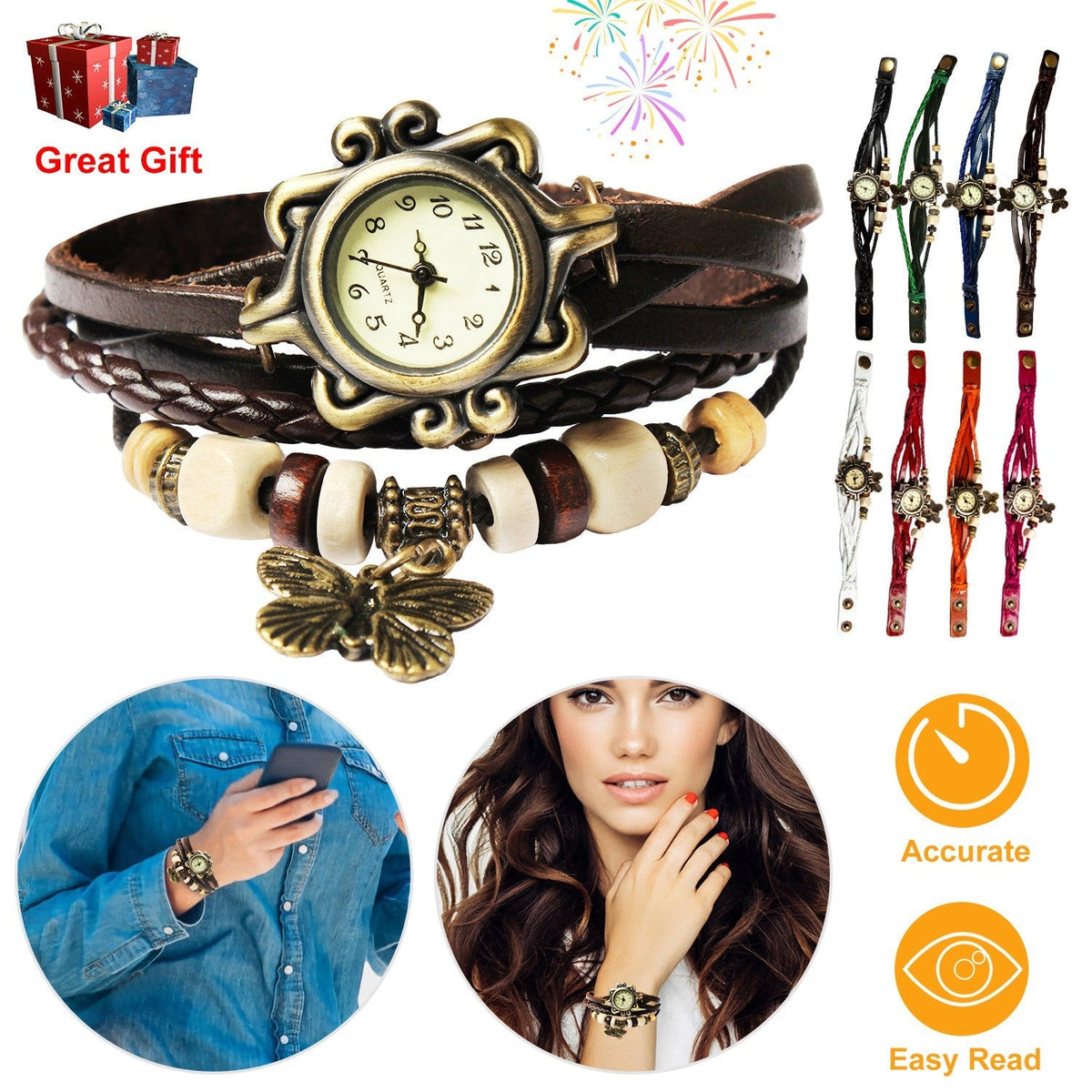 Vintage Women\'s Watch Bohemian Handmade Leather Watch Quartz Wrist Watch Fashion