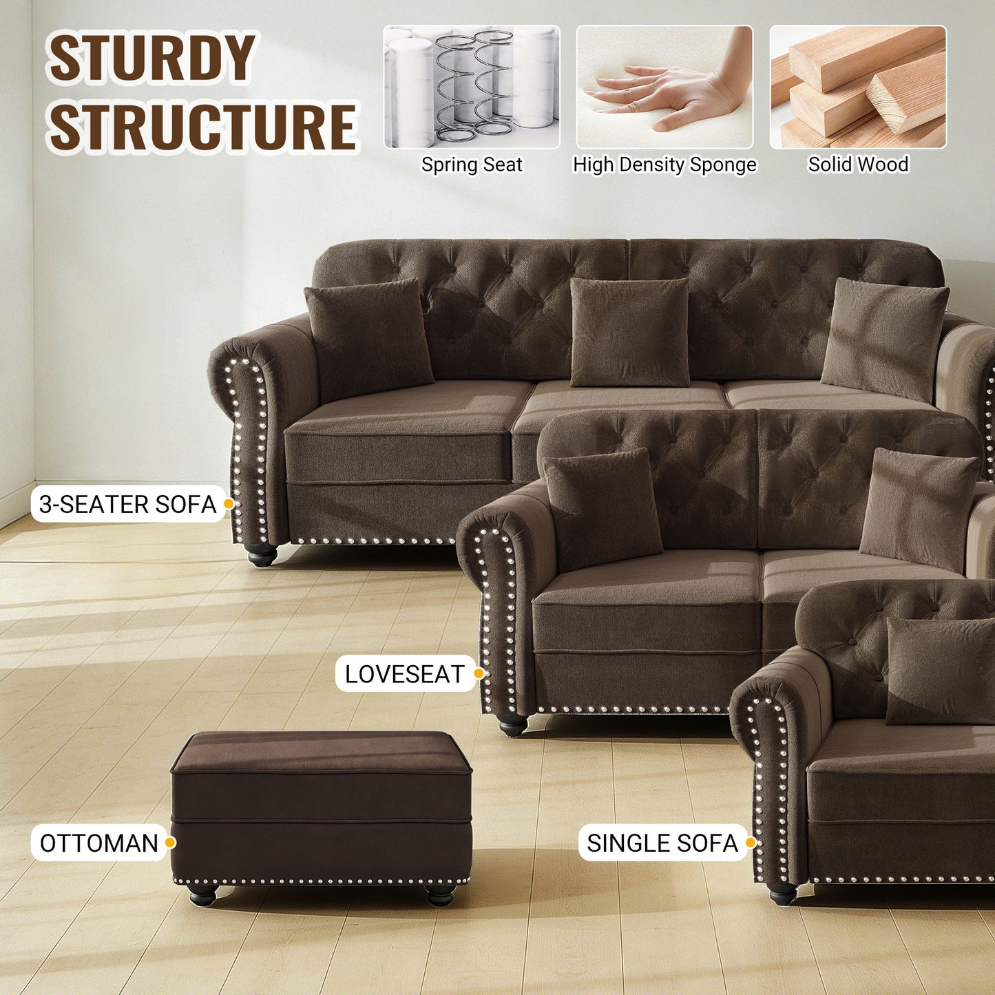 Sofa With Nailhead Trim And Rolled Armrests