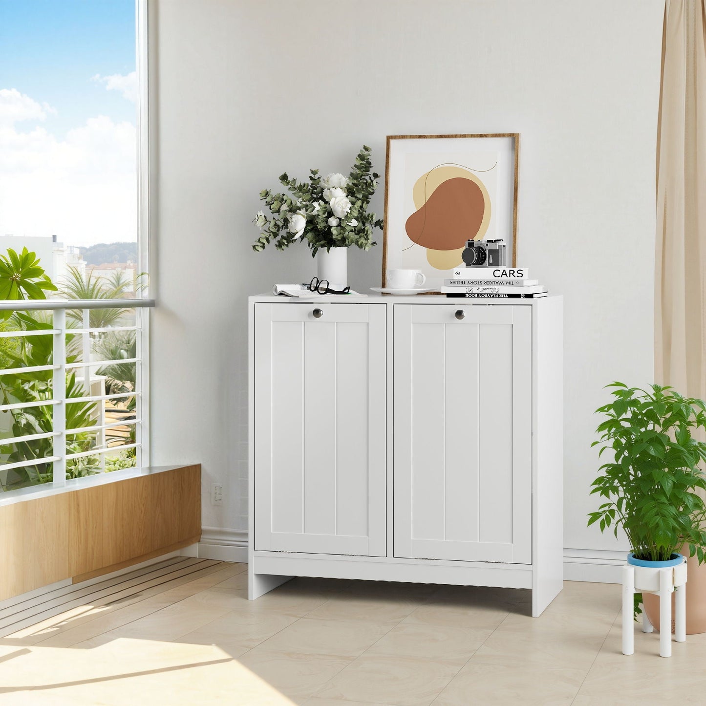 Tilted Laundry Hamper With Removable Basket, Hidden Storage Cabinet, Home Organizer For Bathroom - White
