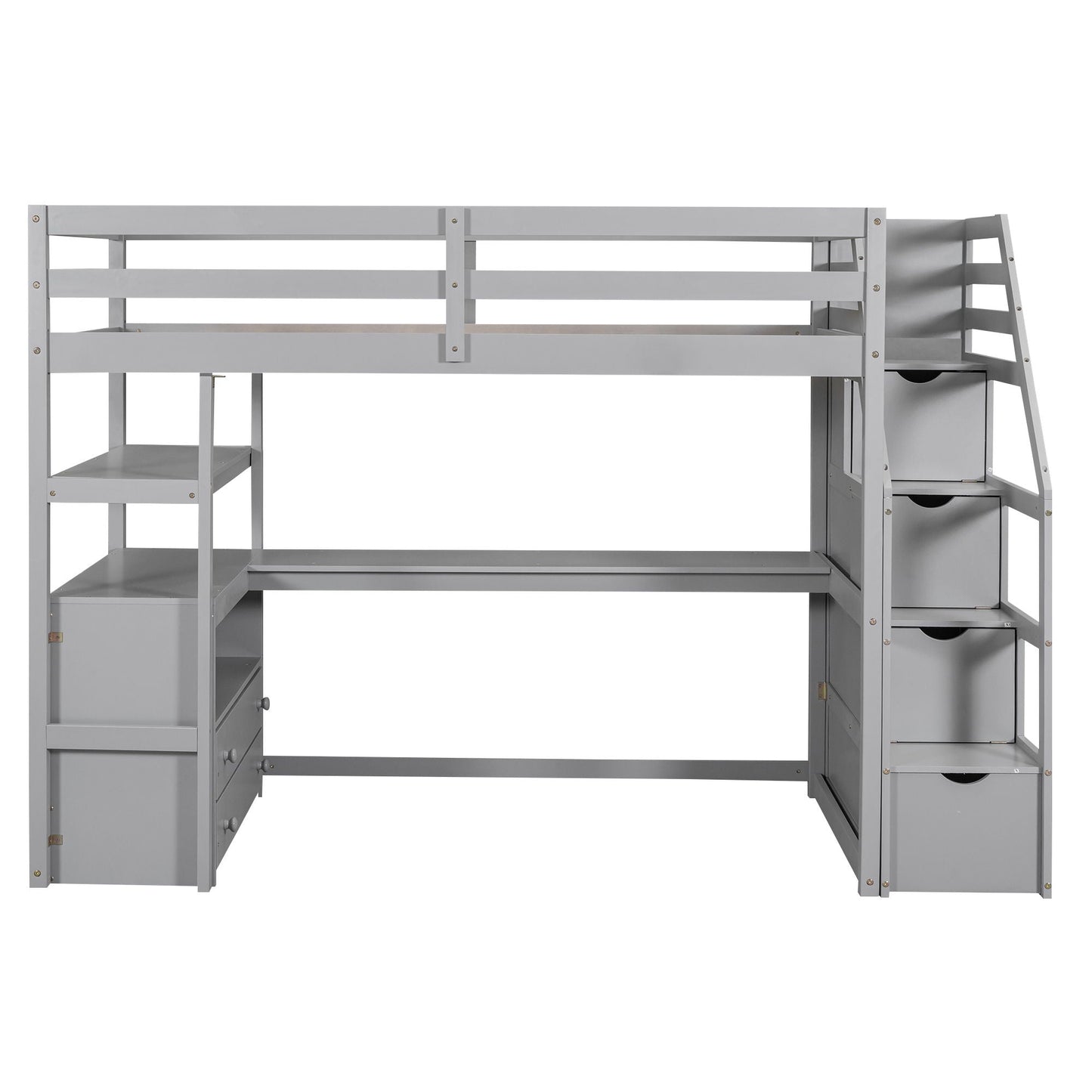 Loft Bed With Desk, Shelves, 2 Drawers, Storage Staircase