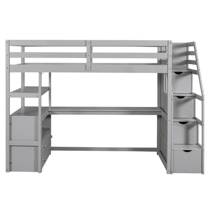Loft Bed With Desk, Shelves, 2 Drawers, Storage Staircase