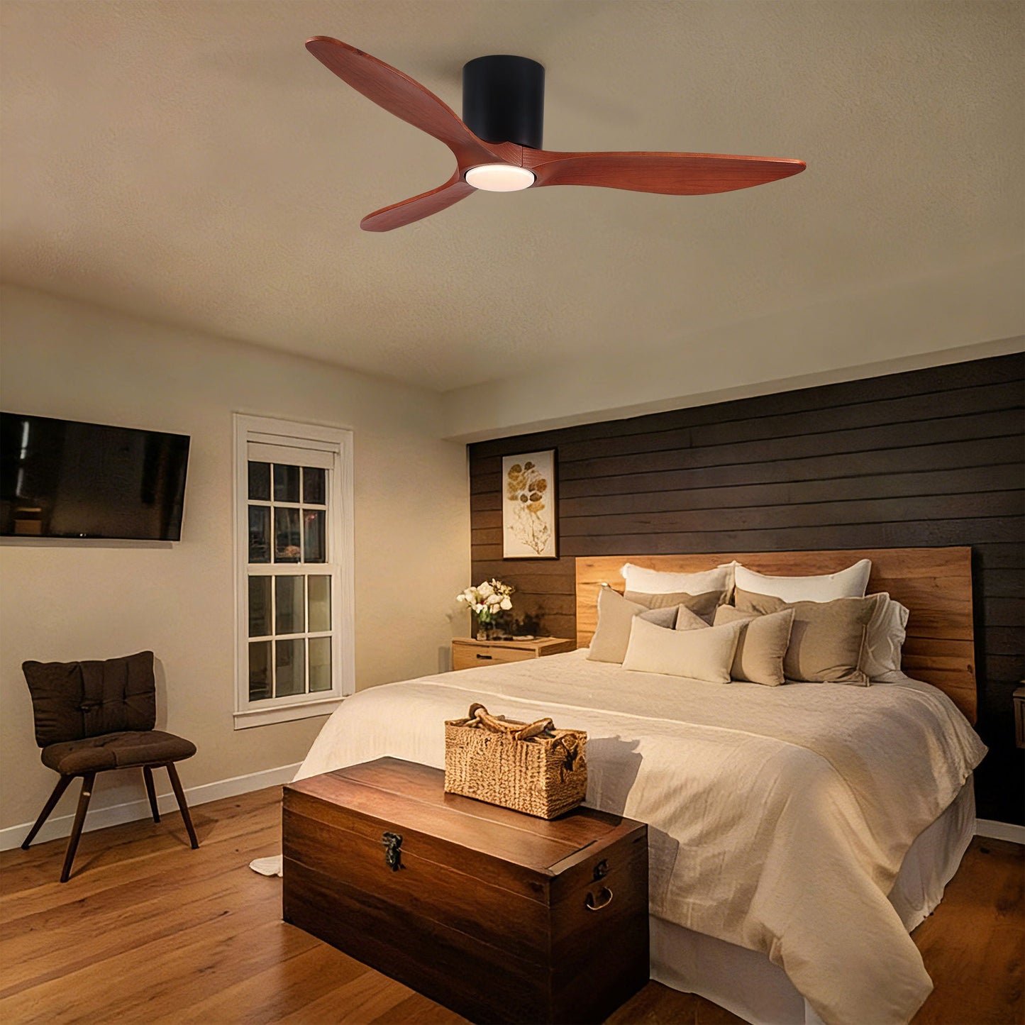 Low Profile Flush Mount Ceiling Fan With Light And Reversible Quiet Motor - Matte Black