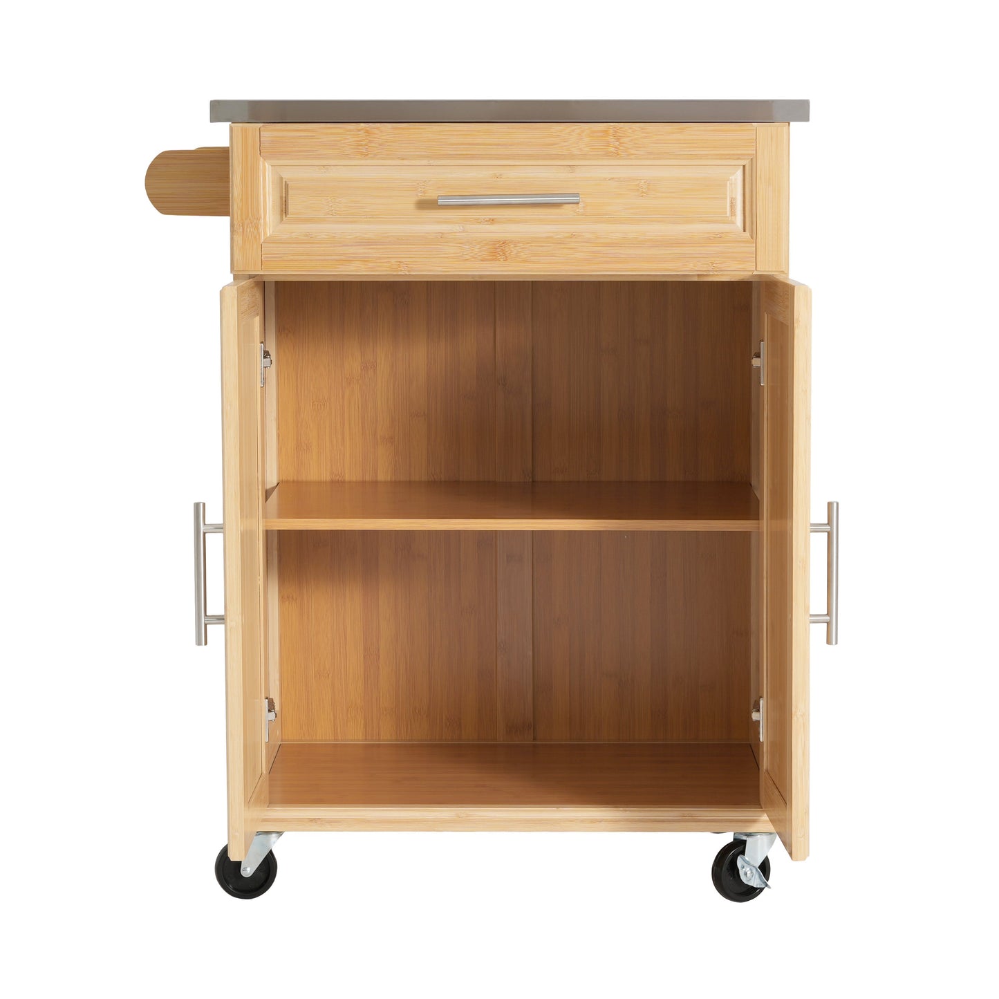 Indoor Compact Bamboo Rolling Kitchen Cart with Stainless Steel Top