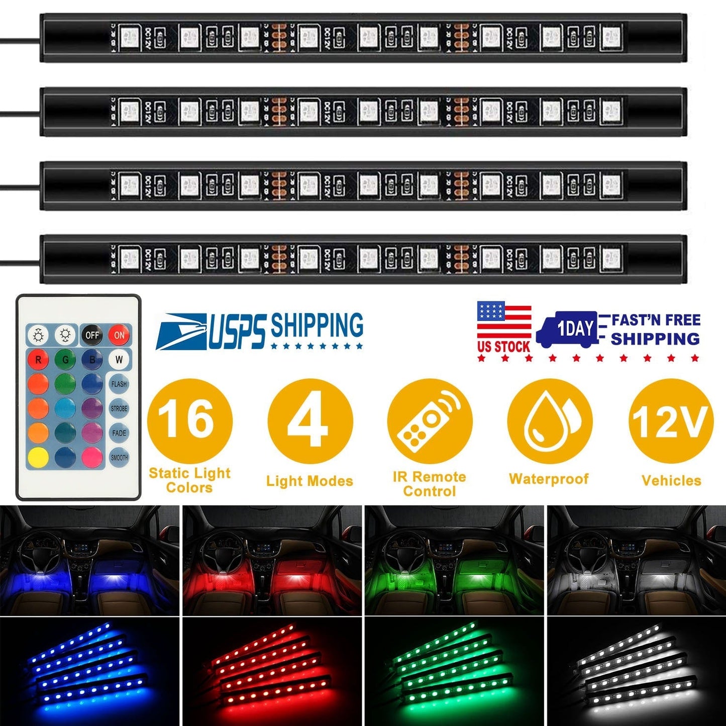 4PCS 36LEDs 12V Car Atmosphere Light Strip IP65 Colorful RGB LED Neon Lights IR Remote