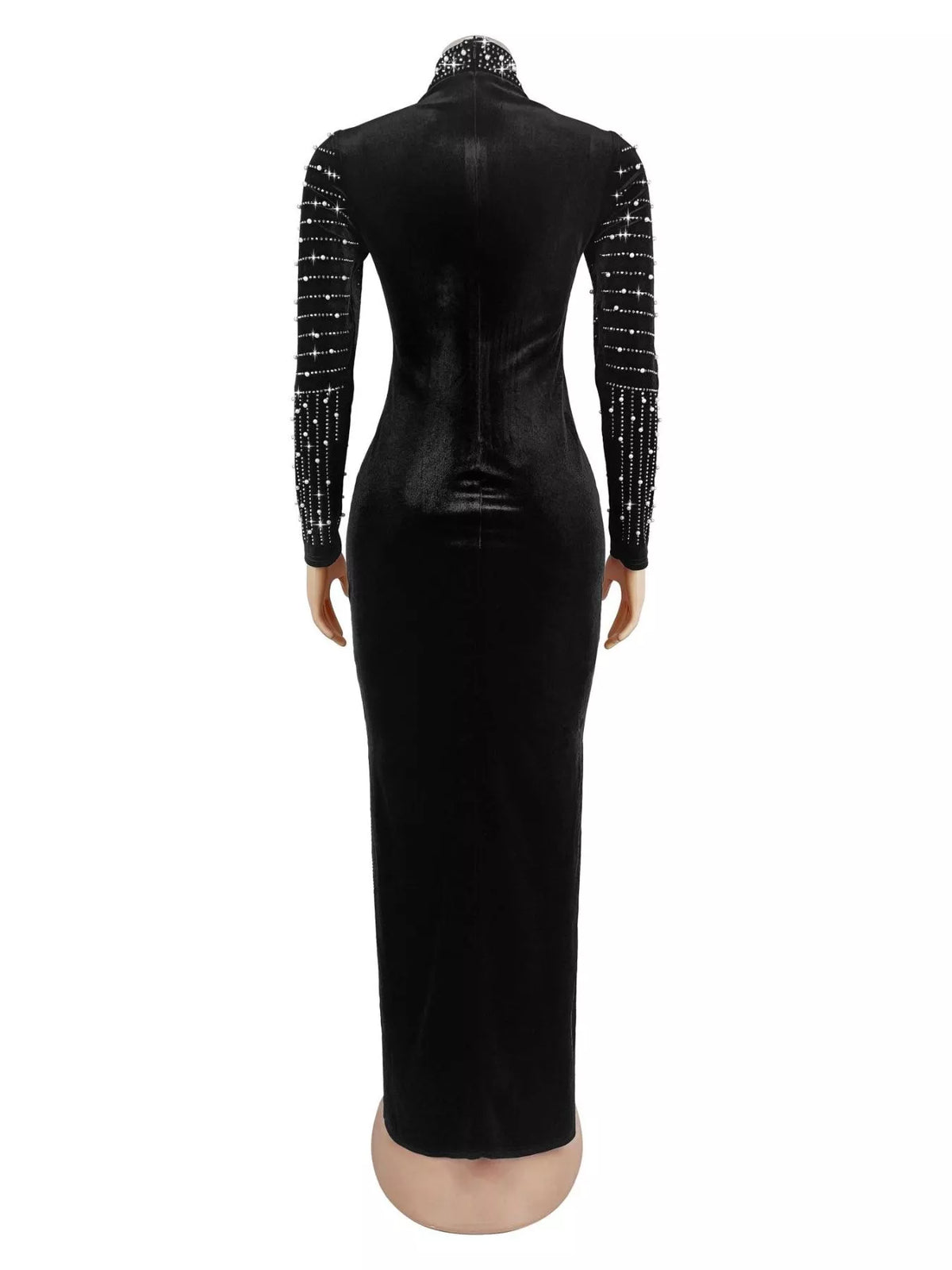 Rhinestone Embellished Mock Neck Long Sleeve Maxi Dress