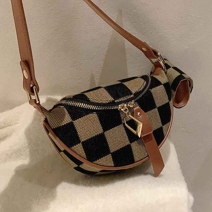 Checkerboard Canvas Crossbody Bag - 2-in-1 Compact Chest Bag & Fanny Pack with Earphone Storage