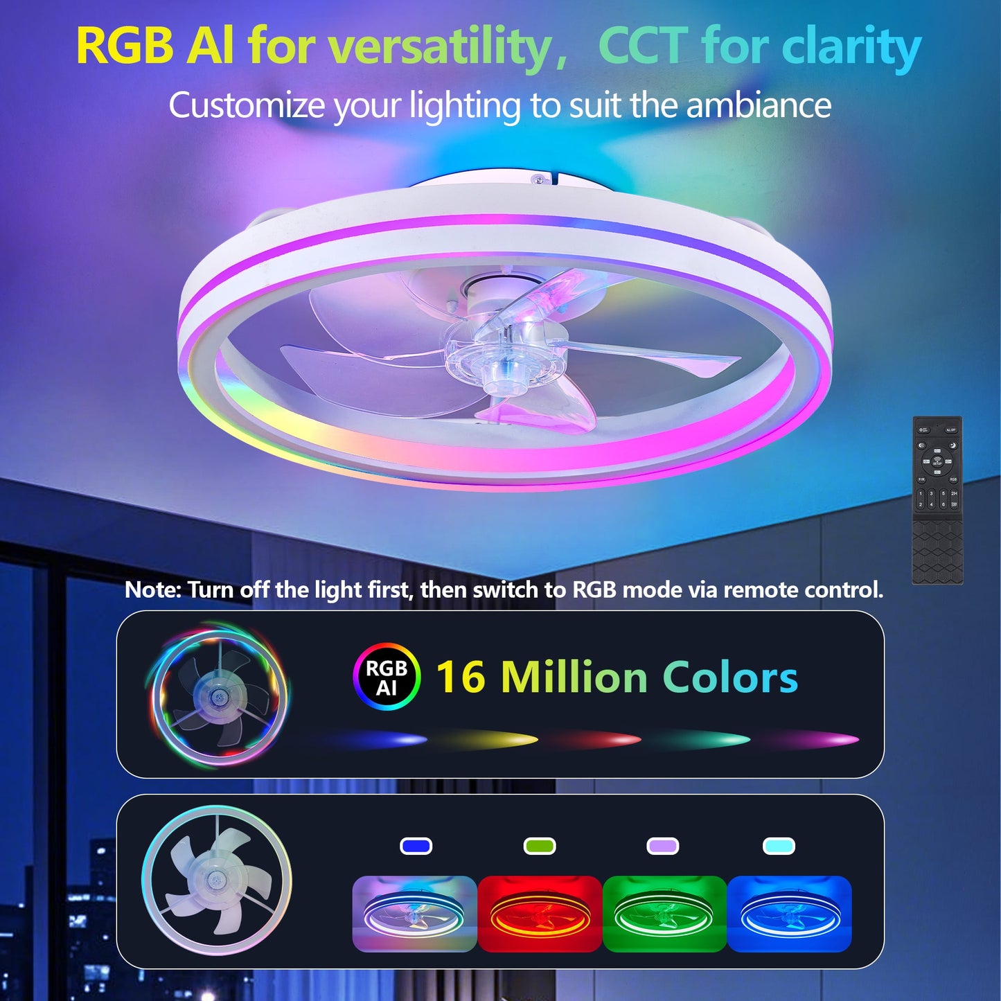 RGB Ceiling Fan with Lights, 19'' Smart LED Bladeless Chandelier Fan