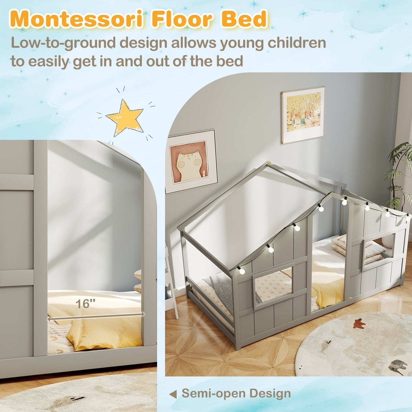 Twin Size House Bed with LED Lights Montessori Slat-free Floor Bed